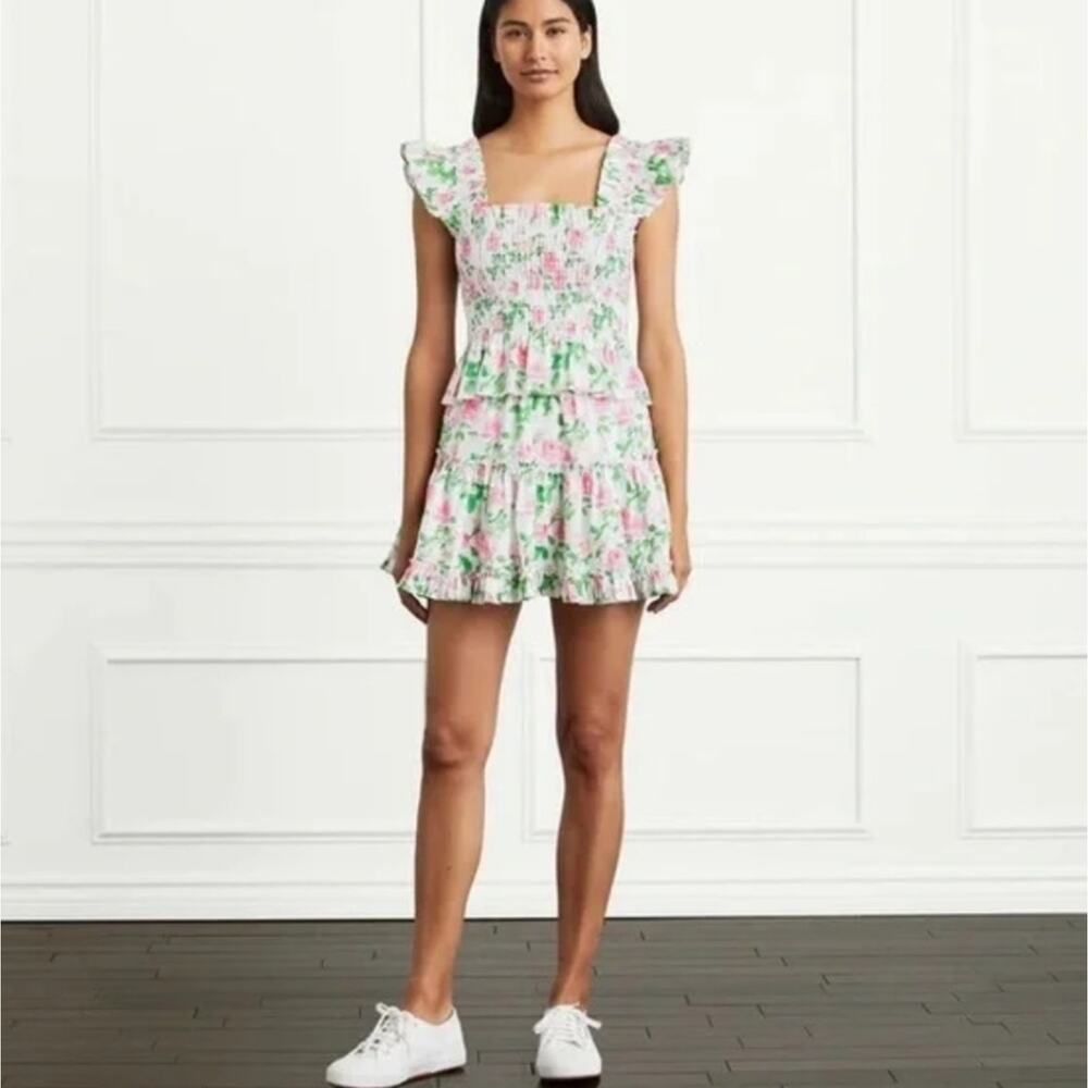 Hill House The Paz Skirt Pink Roses Floral Linen Ruffle Mini Skirt NWT Small S - Picture 9 of 10